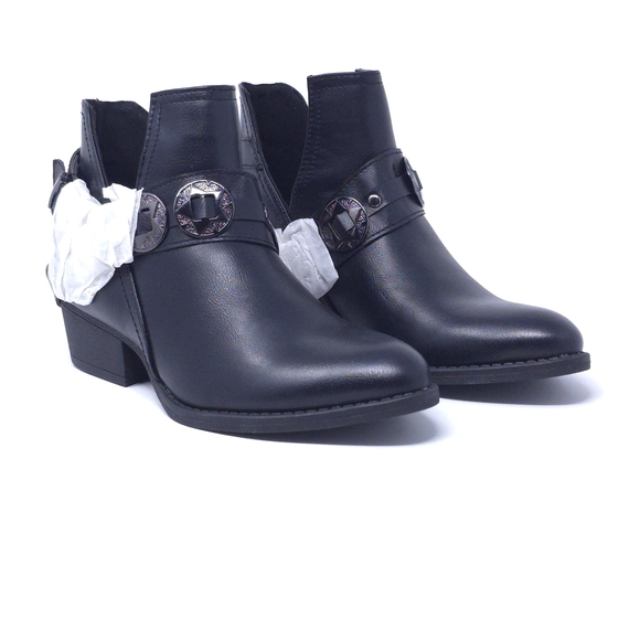 GC Shoes Buckle Wrap V-Cut Black Low Heel Ankle Booties M6.5 - Picture 2 of 10